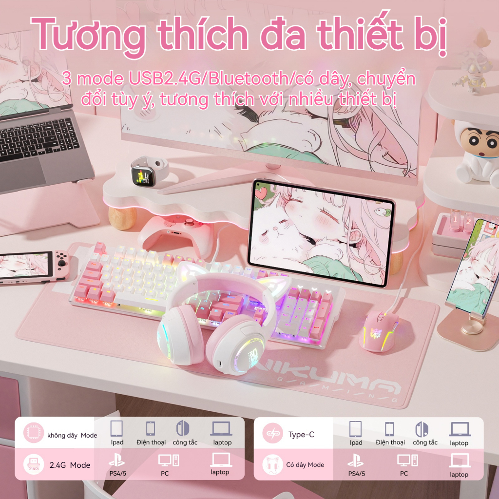 Tai Nghe Chơi Game Chụp Tai Không Dây Onikuma GT838 Hồng Tai Hồ Ly Dễ Thương Kèm Micro Đèn RGB Bluetooth Cho PC/Laptop | BigBuy360 - bigbuy360.vn