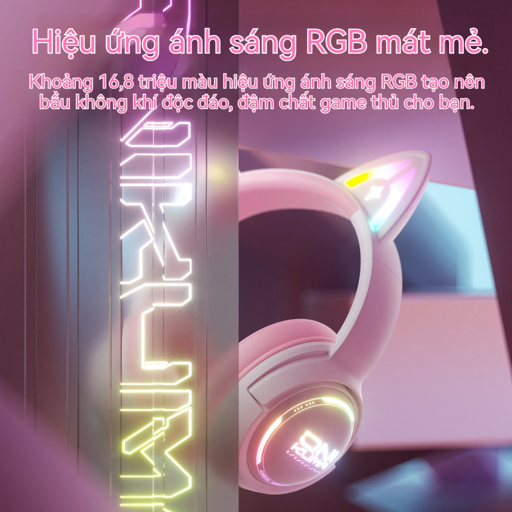 Tai Nghe Chơi Game Chụp Tai Không Dây Onikuma GT838 Hồng Tai Hồ Ly Dễ Thương Kèm Micro Đèn RGB Bluetooth Cho PC/Laptop | BigBuy360 - bigbuy360.vn