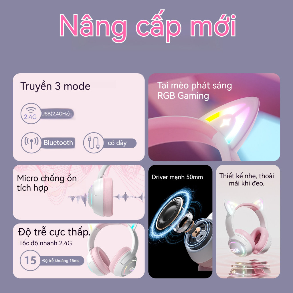 Tai Nghe Chơi Game Chụp Tai Không Dây Onikuma GT838 Hồng Tai Hồ Ly Dễ Thương Kèm Micro Đèn RGB Bluetooth Cho PC/Laptop | BigBuy360 - bigbuy360.vn