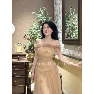  Váy xinh váy dáng dài váy trễ vai nâu tây hoa đính ngọc cao cấp chuẩn mẫu mặc 