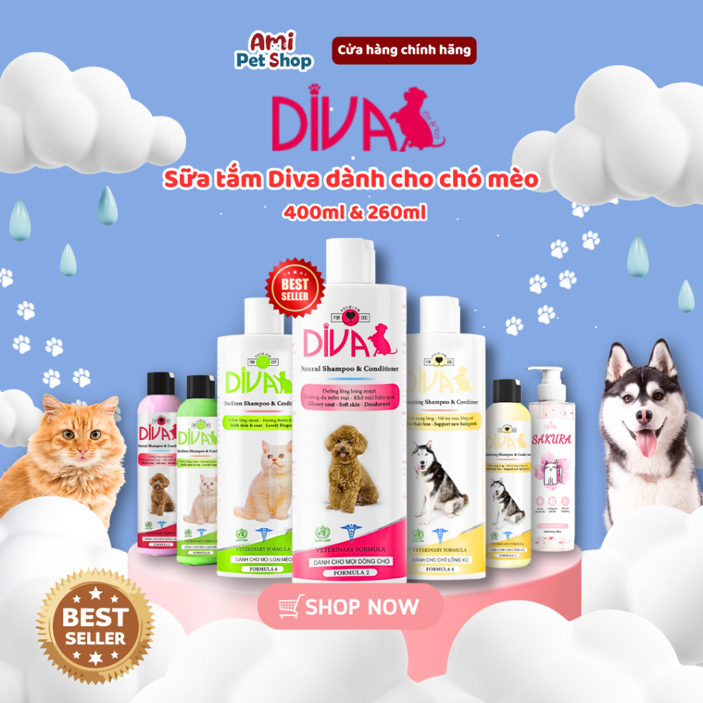 (CHÍNH HÃNG) SỮA TẮM DIVA SIÊU KHỬ MÙI THƠM LÂU CHÓ MÈO - Sữa tắm diva poodle,husky,phốc sóc,mèo...
