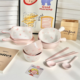 SET 5 Món ( Bát Chuôi + Bát Con + Đĩa Vuông + Thìa Sứ + Đũa ) Hoạ Tiết Nơ Hồng  Xinh Xắn Cute