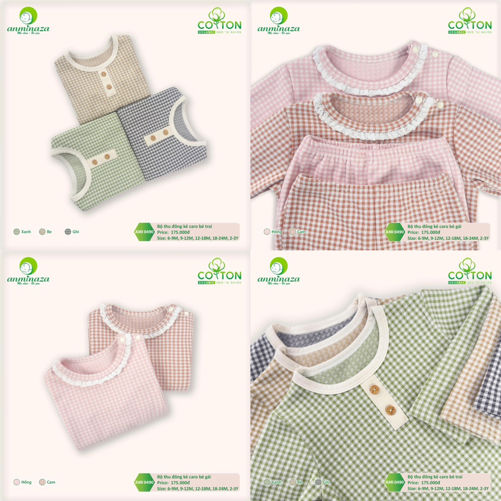 Bộ nỉ caro Aminaza dày ấm mặc thu đông cho bé trai bé gái chất đẹp mềm