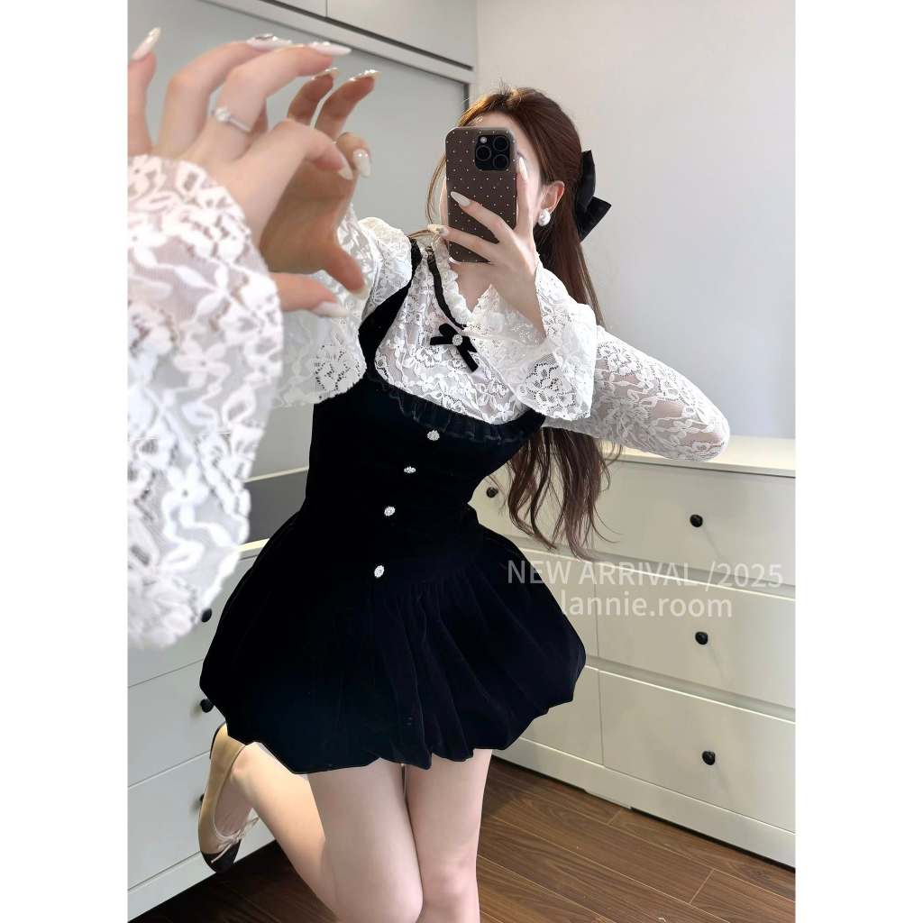 set đồ nữ váy hai dây họa tiết xanh mix áo choàng croptop dài tay xám thiết kế KAB TỰ MAY LẠI, Set đ