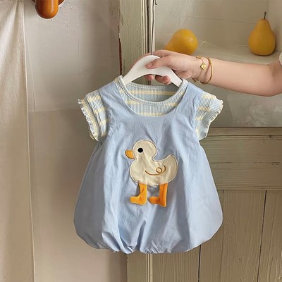 Set Áo Thun Tay Ngắn Sọc Yếm Váy Họa Tiết Vịt Xanh Cho Bé Gái 1-8 Tuổi MINTSCLOSET Quảng Châu GS1442