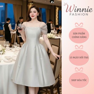   DVC CHÍNH HÃNG  V5541 Váy đầm tafta ghi xòe trễ vai thiết kế dự tiệc vải cứng cáp đứng form 