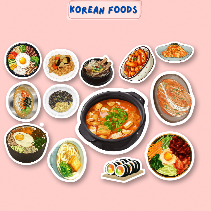 Set 50 sticker các món ăn Hàn Quốc hình vẽ Korean food đa dạng mẫu - Hình dán trang trí, quà tặng