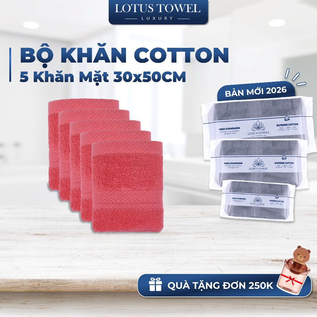 Bộ 5 Khăn Mặt 30x50cm Châu Âu LOTUS, 100% Cotton Mềm Mịn Thấm Hút Không Ra Màu