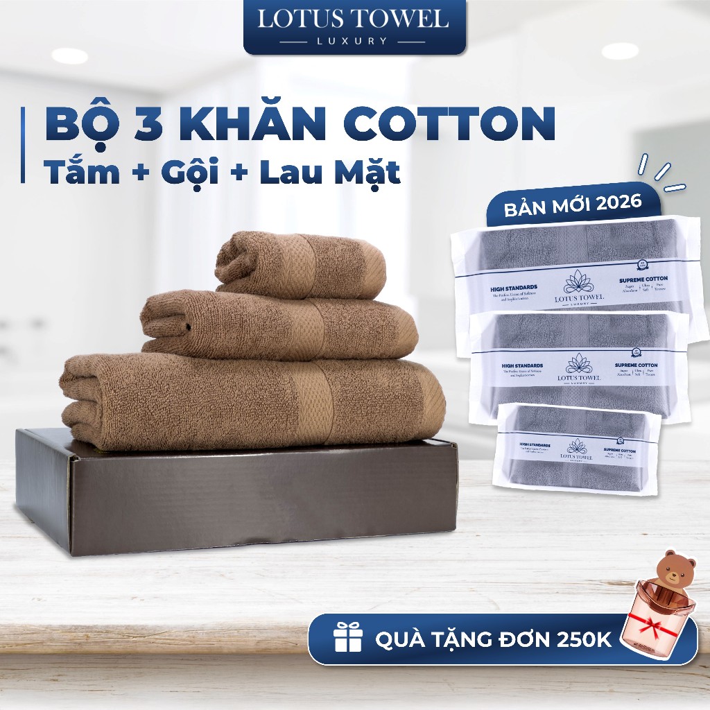 Bộ 3 Khăn Tắm, Gội, Lau mặt LOTUS 100% Cotton, Mềm Mịm, Thấm Hút, Không Ra Màu
