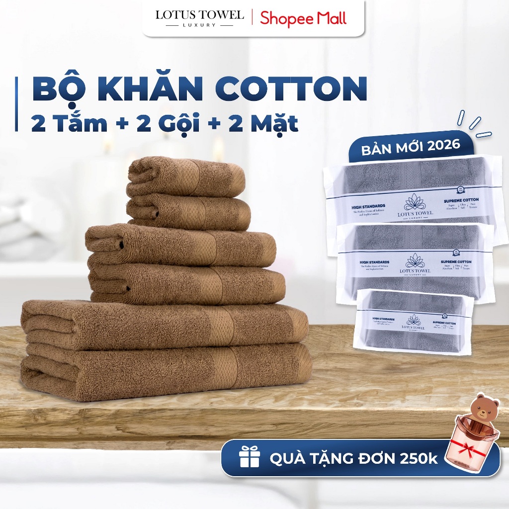 Bộ 6 Khăn Tắm, Gội, Lau Mặt LOTUS TOWEL 100% Cotton Cao Cấp Mềm Mịn Thấm Hút Không Ra Màu