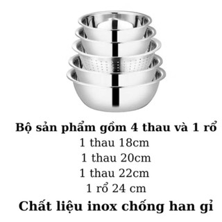 Sét 5 món rổ chậu inox nhiều size đựng rau củ quả sạch sẽ tiện lợi