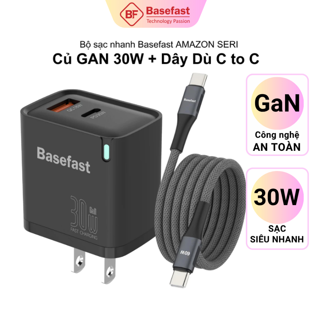 Bộ sạc nhanh Type C 30W Basefast combo củ Gan kèm dây bọc dù dài 1m 2m cho Phone 15 16 17 Samsung ..