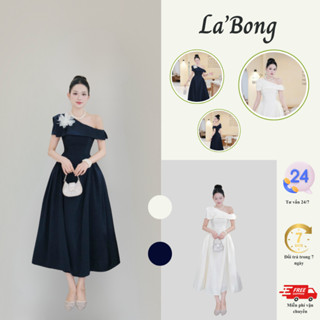  ĐẦM DẠ HỘI MIDI Lệch Vai Xòe Phồng - Váy Thiết Kế Tôn Eo Đắp Hoa 3D Dáng Dài | D113 