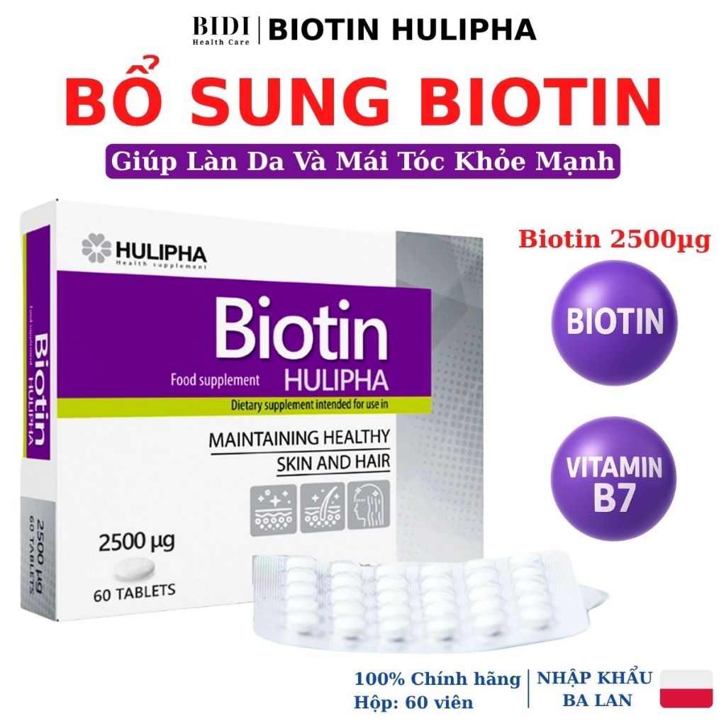 Biotin Hulipha, Bổ Sung Biotin 2500µg, Giúp Giảm Rụng Tóc, Tóc Mọc Nhanh, Móng Chắc Khỏe Nhập Ba Lan