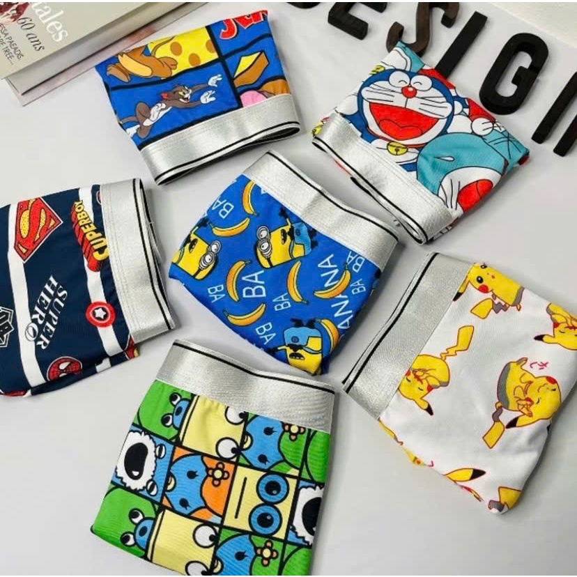 Combo 5 quần lót nam, sịp đùi hoạt hình Picachu, Tom, Minion chất thun lạnh co dãn