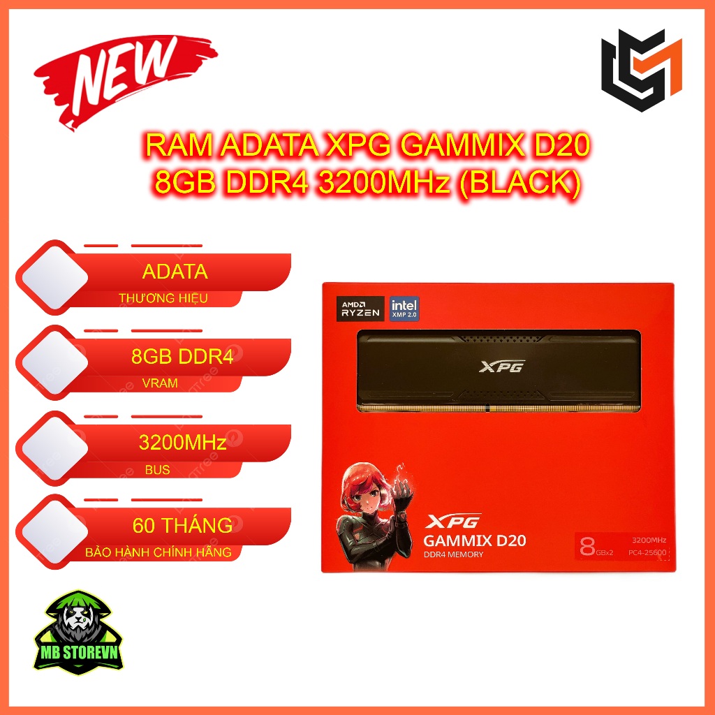 Ram DDR4 Adata 8G 3200MHz XPG Gamming D20 Black (1x 8GB) - Bảo hành 36 tháng