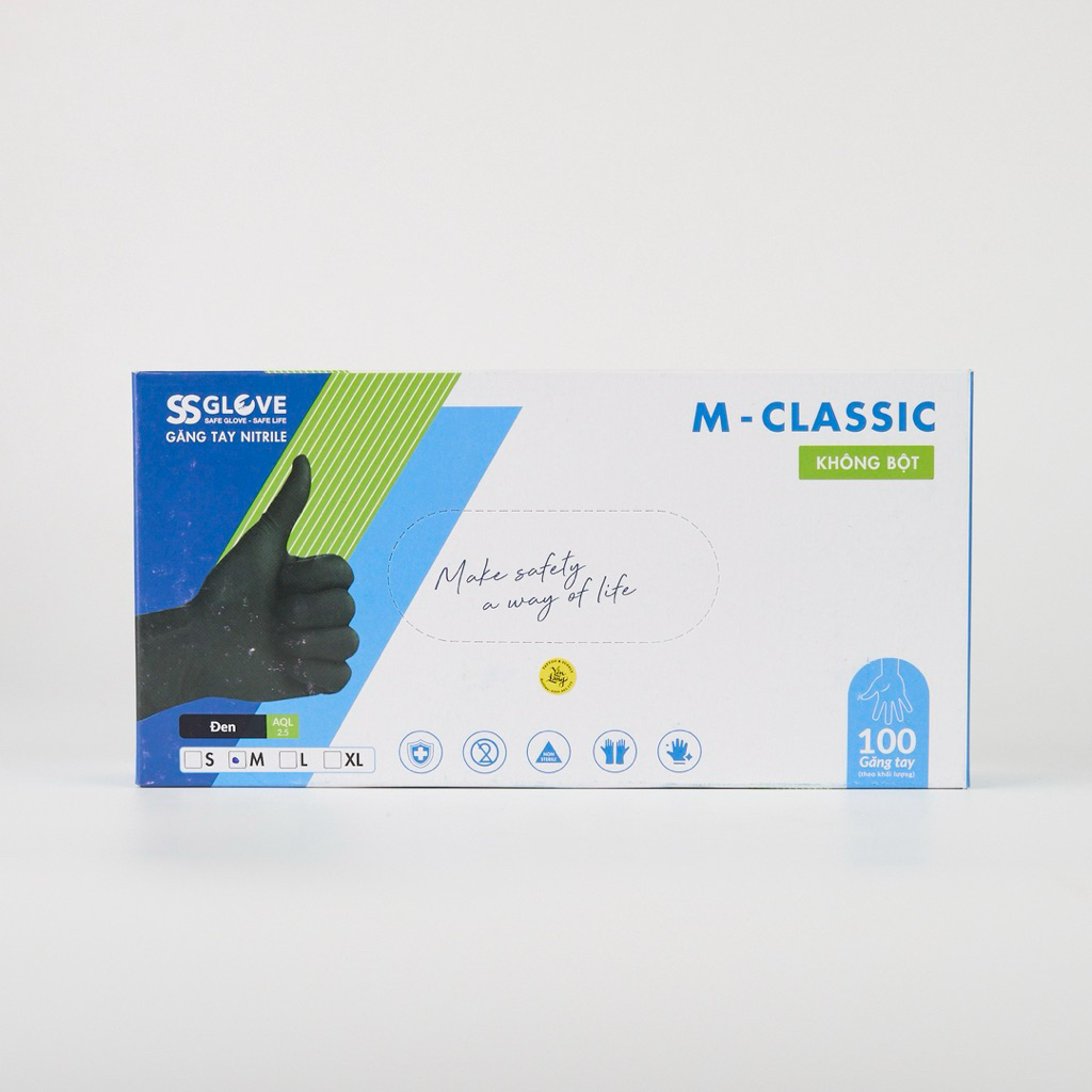 Găng tay cao su Nitrile SS màu đen không bột (Hộp 100 cái)