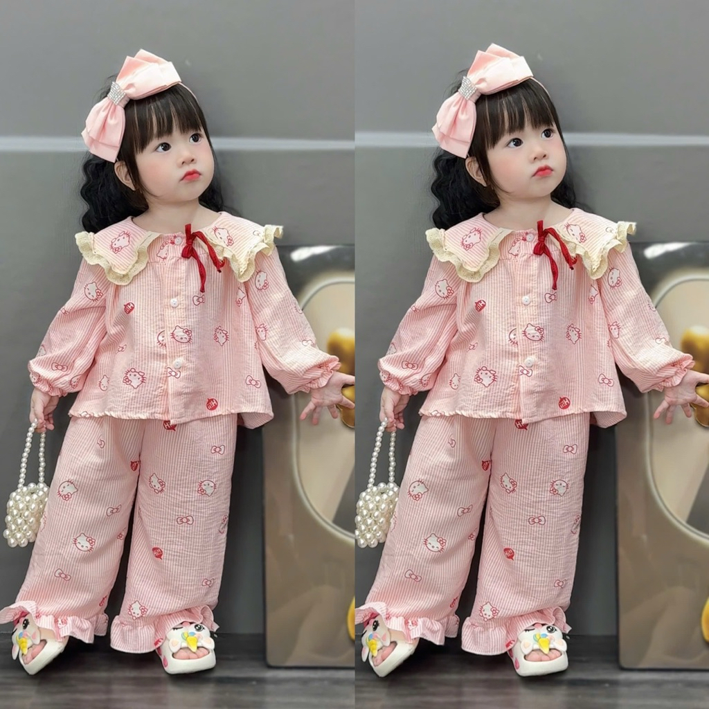 | Mekembean |Bộ pijama mặc nhà cho bé gái , hoạ tiết cute đáng yêu , pijama bé gái hoạ tiết kitty đá