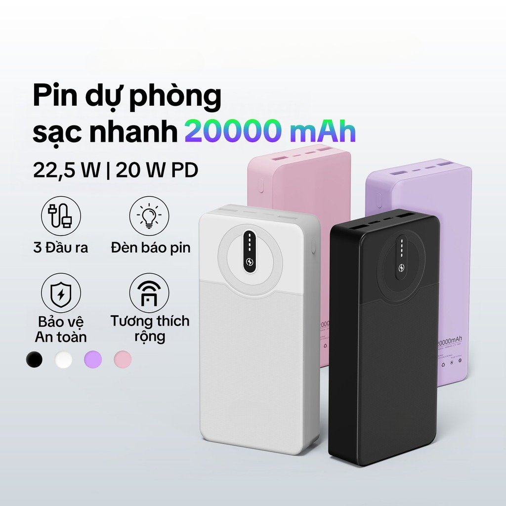 Pin Sạc Dự Phòng 20000mAh 2 Output USB 2 Input Micro Type-C - Hỗ Trợ Sạc Nhiều Thiết