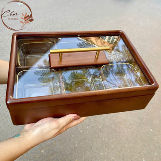  Khay Mứt Tết Gỗ Sồi Cao Cấp Khay Đựng Bánh Kẹo Trang Trí Tết Mặt Kính Sang Trọng-Kèm Hũ Thủy Tinh 