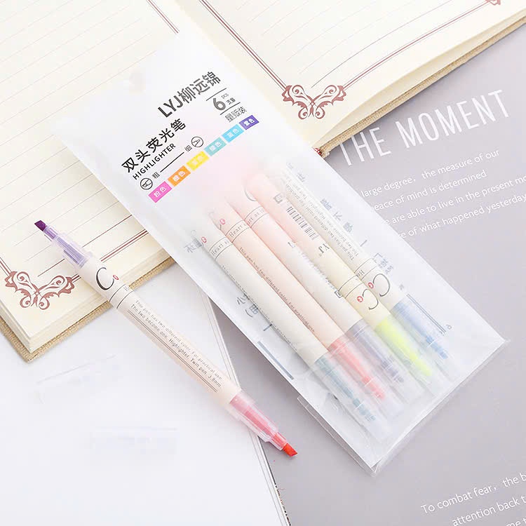 Túi bút dạ - bút highlight pastel 6 chiếc CY - bút highlight 2 đầu đánh dấu