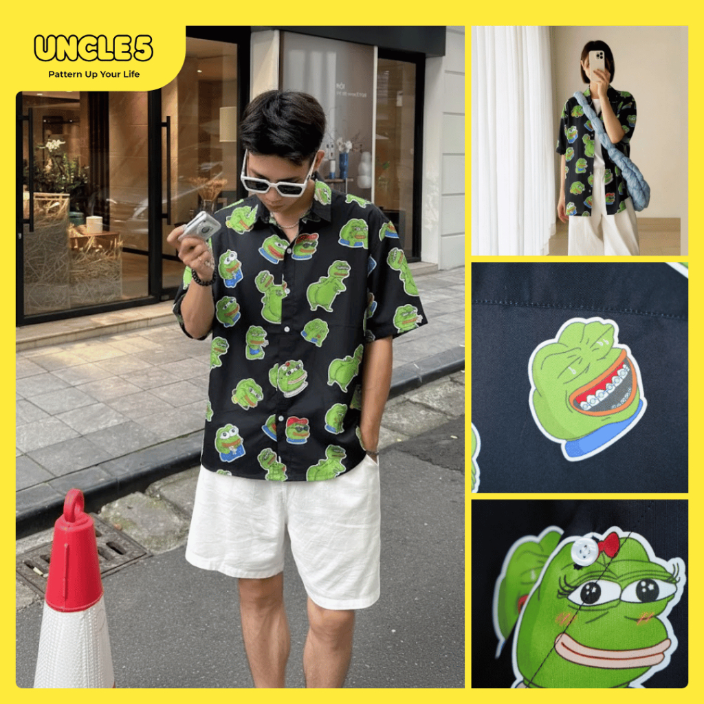 Áo Sơ Mi Tay Ngắn Có Cổ Hoạ Tiết Meme Ếch Xanh Lá Unisex Dễ Phối Đồ