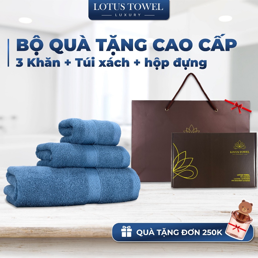 Bộ 3 Khăn Quà Tặng Lotus ( Khăn Tắm + Khăn Gội + Lau mặt) Kèm Hộp Và Túi Xách Cao Cấp 100% Cotton