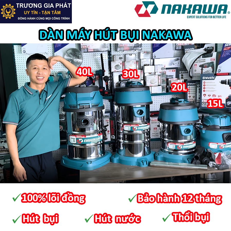 Máy Hút Bụi Công Nghiệp NAKAWA  ,Công Suất 1600W, Lưc hút 19Kpa,Dây Đồng, Siêu Khoẻ, Hàng Chính Hãng