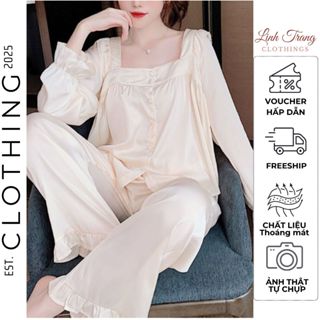  Đồ bộ Pijama nữ Lụa Kate Dài Tay Cổ Vuông Bộ Đồ Mặc Nhà đồ ngủ Tay Phồng Tiểu Thư Sang Chảnh - Linh Trang 