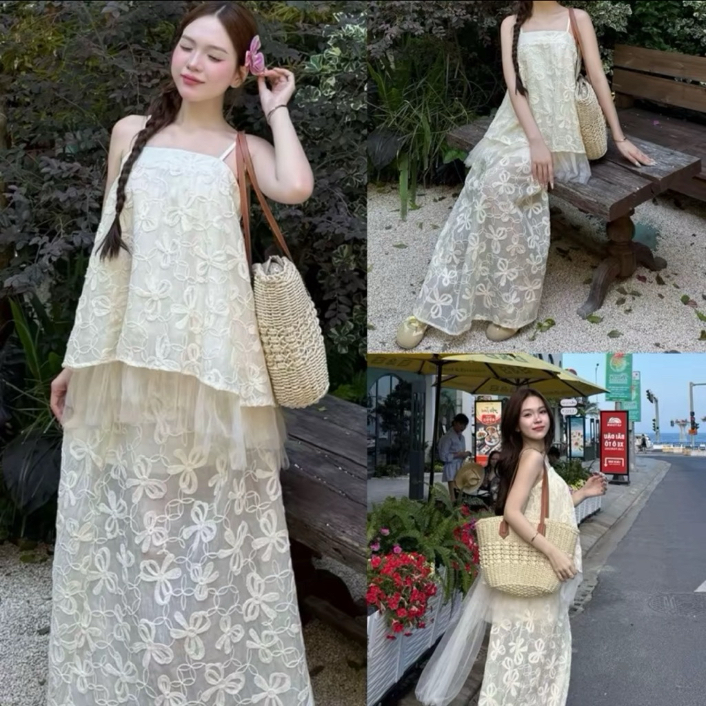 SÉT 2DÂY  THÊU HOA PHỐI LƯỚI CV DÁNG DÀI