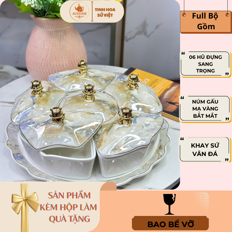 Khay Mứt Sứ Vân Đá Ghi Khay Sứ 6 Hũ Sang Trọng Decor Tết