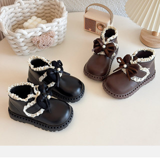  Giày Boot Bé Gái Cổ Ren Nơ Ngọc Trai – Phong Cách Công Chúa Chống Trượt Giữ Ấm Mùa Đông 