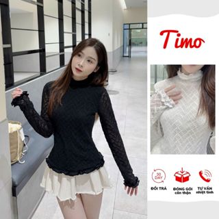  Áo nữ ren cổ cao tay dài hai lớp ôm body sang chảnh phối bèo công phong cách ulzzang AOT070 