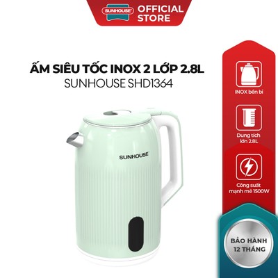 Ấm siêu tốc Inox 2 lớp 2.8L Sunhouse SHD1364  - Inox bền bỉ - Nhựa PP an toàn - Dung tích lớn 2.8L - Dễ vệ sinh