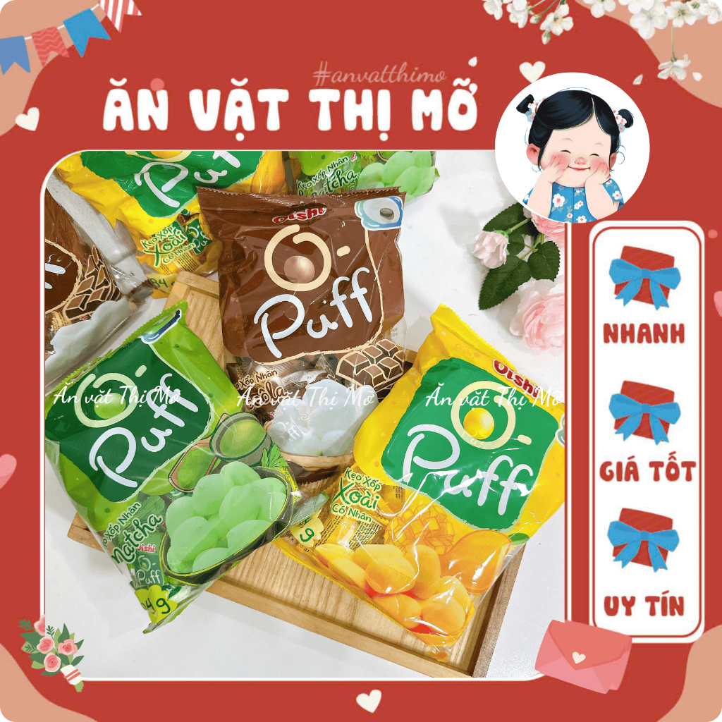 Kẹo Bông Gòn Marshmallow, Kẹo Xốp Bông Oishi Có Nhân O-Puff vị Socola, xoài, matcha (Gói 84G)