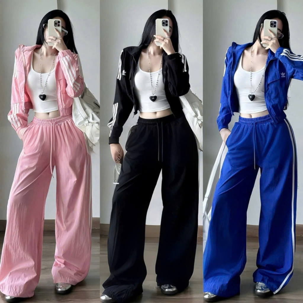 Set bộ quần suông dây rút 3 món thời trang nữ cá tính đi chơi chất áo dù gió cổ dây kèm áo khoác ngo