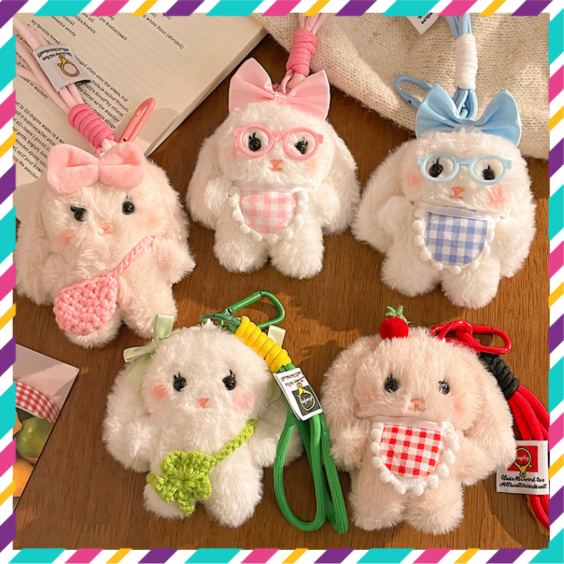 Móc Khoá Thỏ Bông Lông Xù Hóa Trang, Charm Treo Túi Xách Balo Thỏ Cute Đeo Kính, Yếm, Túi Len