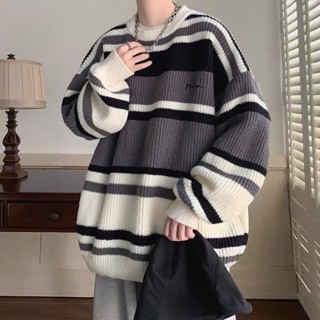  Áo sweater len nam nữ form rộng Sọc Kẻ kiểu cách áo sweater nam unisex màu đen thời trang ulzzang hàn quốc - Len19 