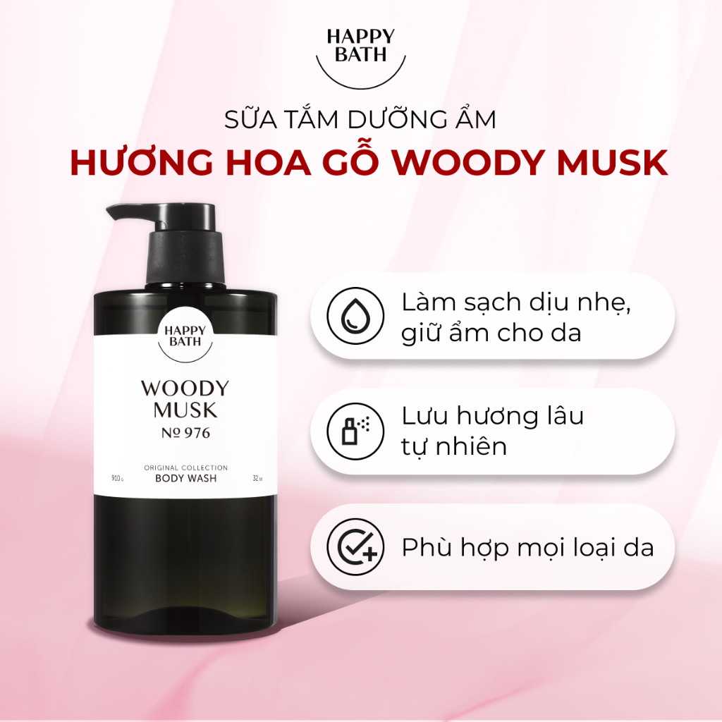 Sữa tắm Woody Musk No 976 Happy Bath lưu hương lâu 910g, hương gỗ ấm áp pha xạ hương sang trọng