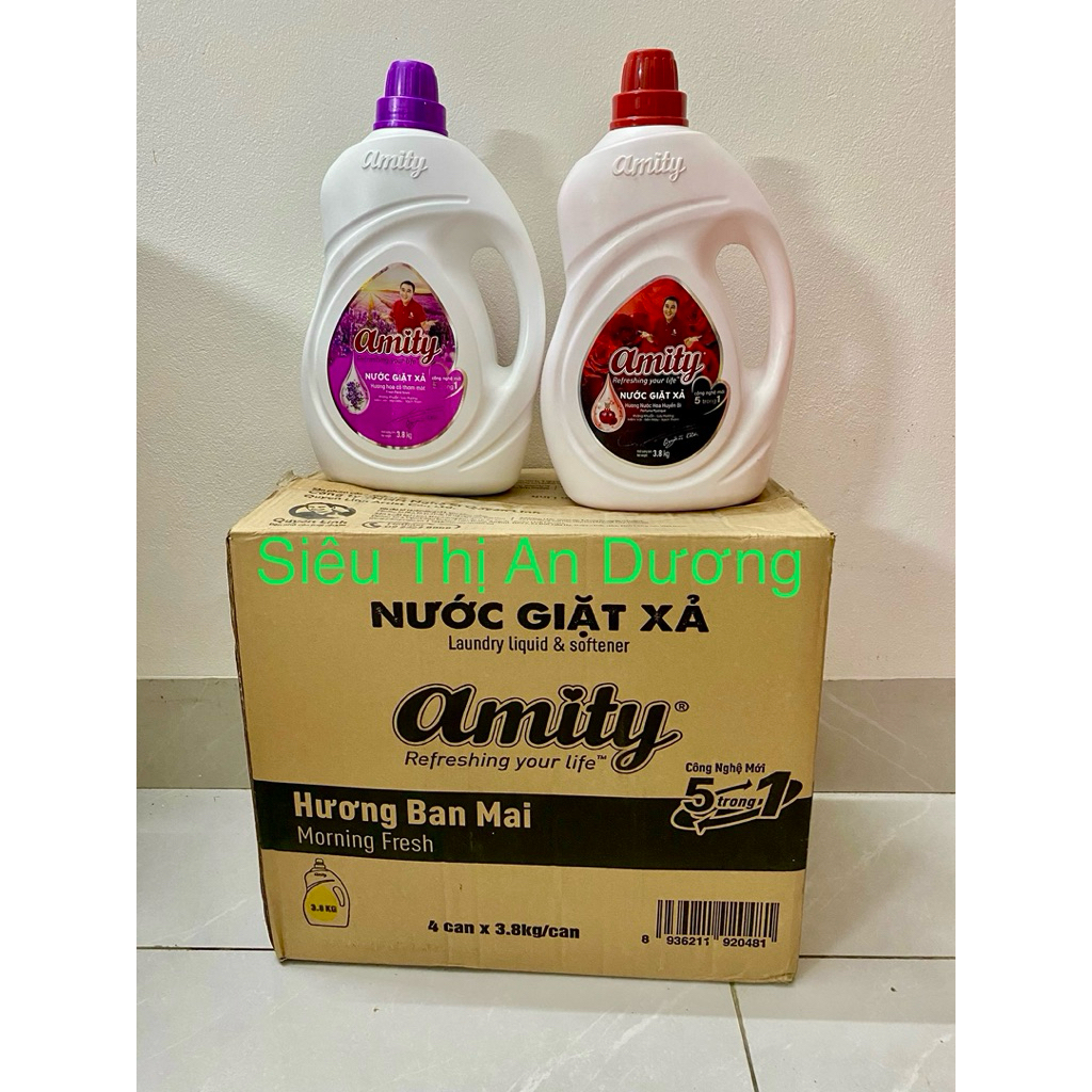 Thùng 4 can Nước giặt AMITY, Nước giặt xả 5 trong 1 can 3,8 kg, Nước giặt Quyền Linh