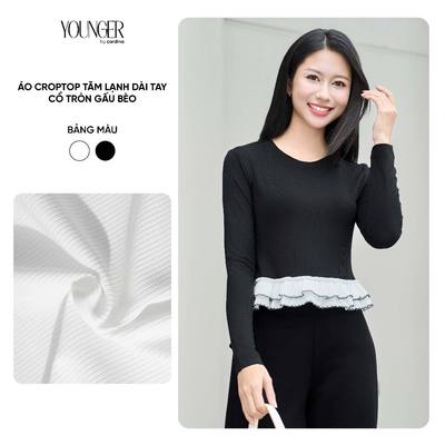 Áo kiểu nữ YOUNGER BY CARDINA dáng croptop tăm lạnh dài tay cổ tròn gấu bèo 5YAFD01
