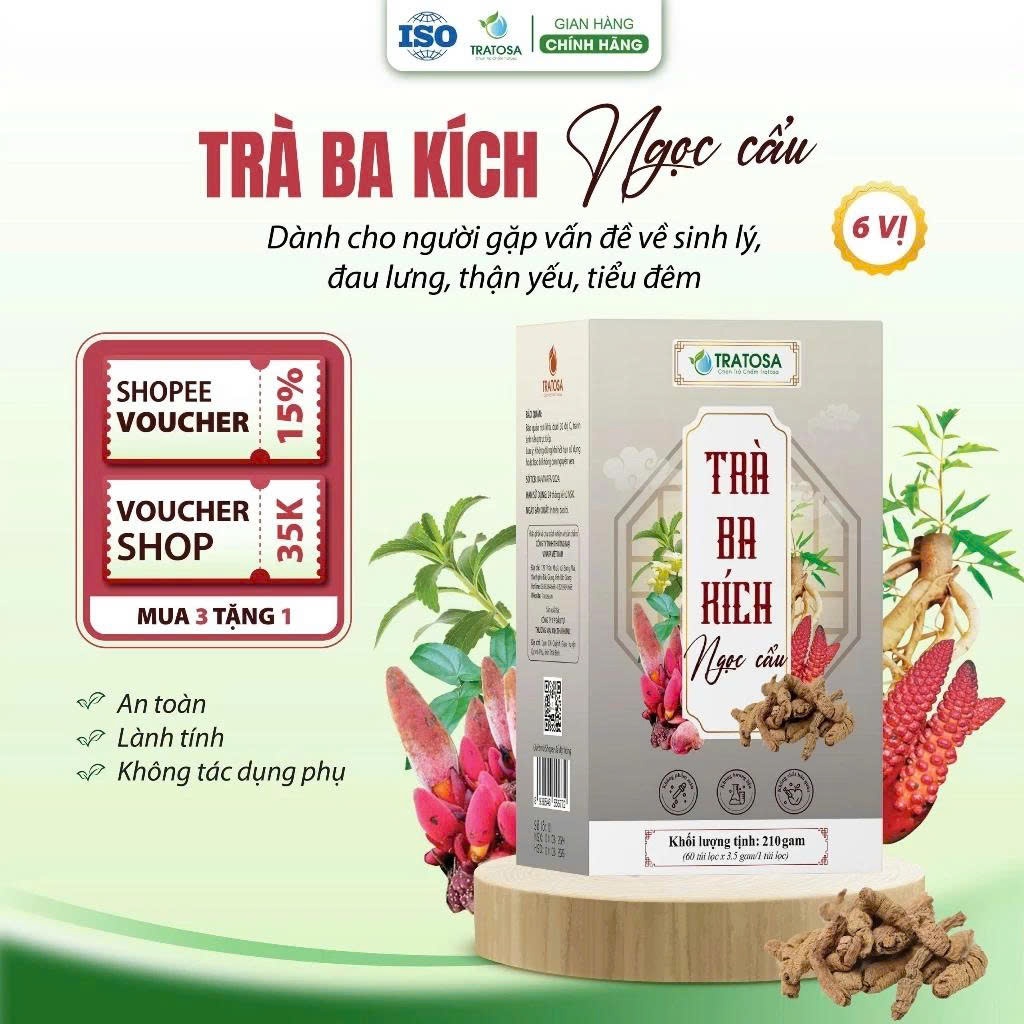 Trà ba kích ngọc cẩu TRATOSA 6 Vị thảo dược, Hộp 60 túi lọc, hòan toàn từ thiên nhiên