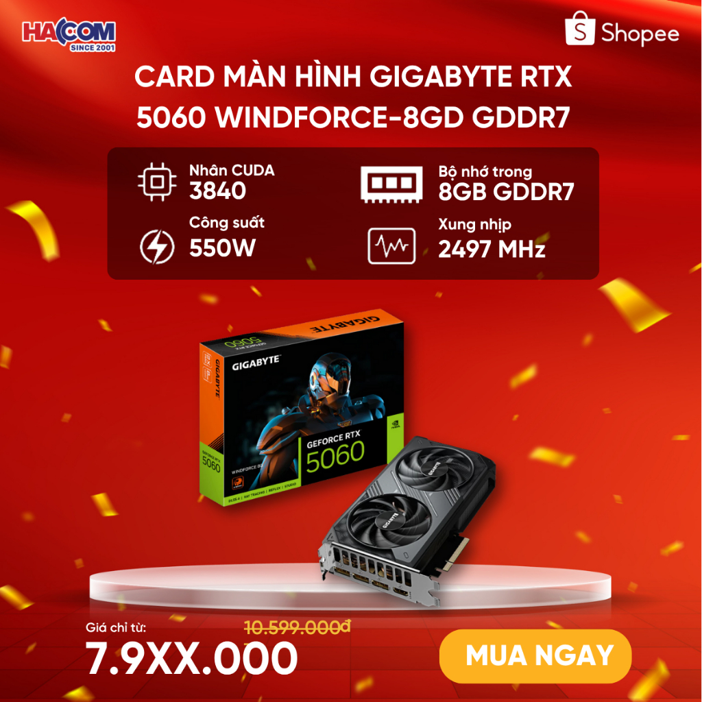 Card màn hình Gigabyte RTX 5060 WINDFORCE-8GD GDDR7 (GV-N5060WF2-8GD) - bảo hành 36 tháng
