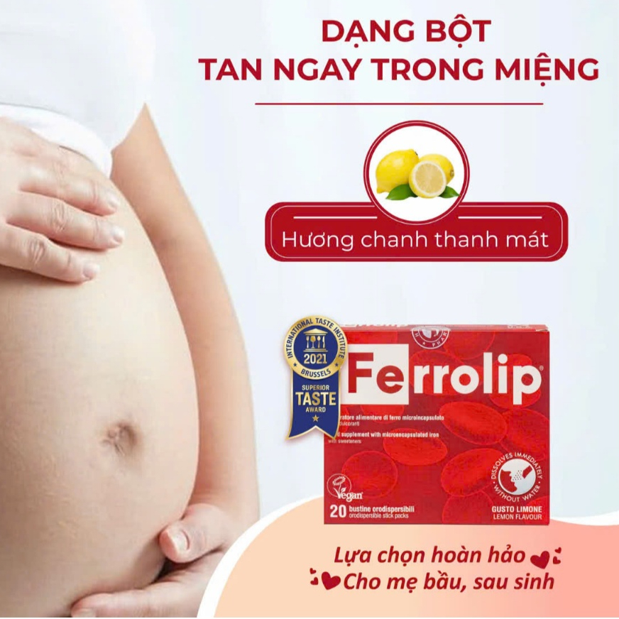 Sắt hữu cơ Ferrolip - Bổ sung sắt cho bà bầu, dễ hấp thu không tanh hương chanh mát hộp 20 gói