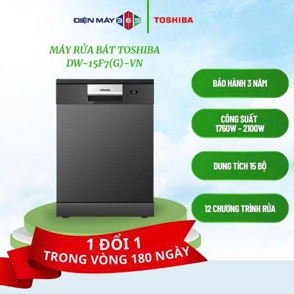 Toshiba DW-15F7(G)-VN – Máy Rửa Bát 15 Bộ – UV Diệt Khuẩn, App Điều Khiển – Lắp Đặt Miễn Phí