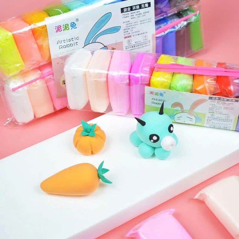 Set 12 Gói đất nặn nhiều màu, Đồ chơi đất sét nặn tự khô 12 màu kèm bộ cây tạo hình, đồ chơi an toàn