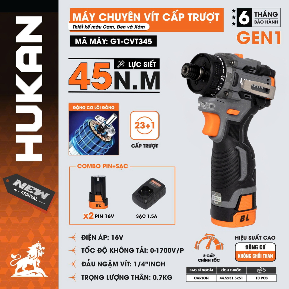 Máy chuyên vít trượt HUKAN G1-CVT345, Lực siết 45N.m, 23 Cấp trượt - Không chổi than