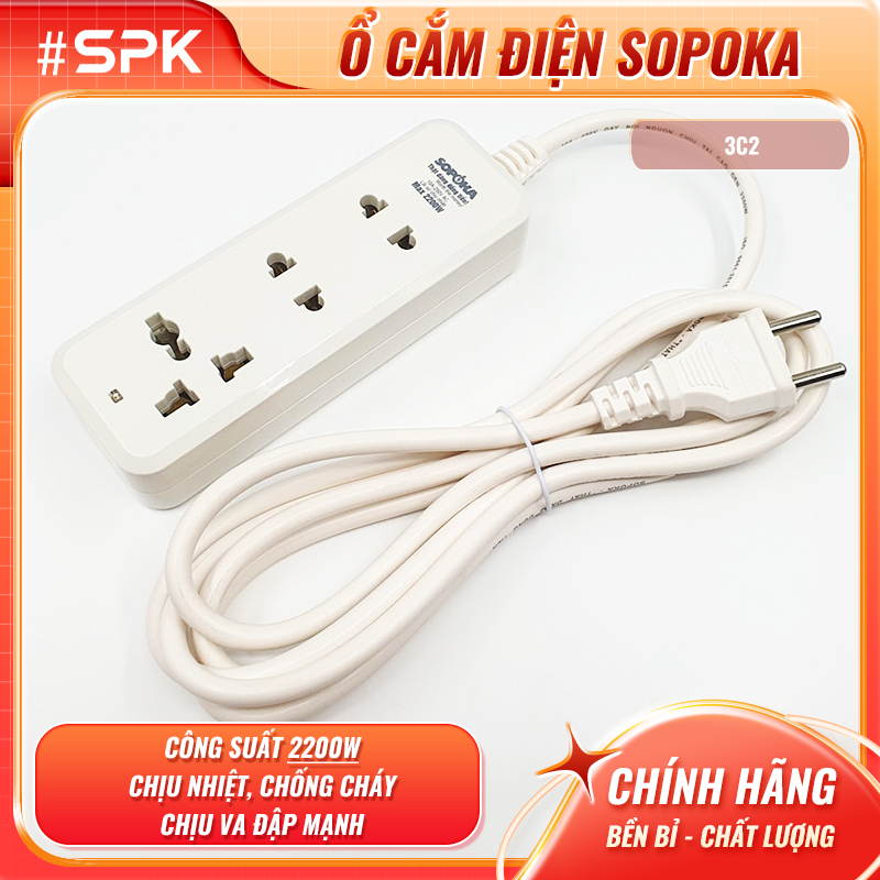 SOPOKA Ổ Cắm Điện 3 Lỗ 2200W Lõi Sứ Có Dây 3C2 Chịu Nhiệt Chống Cháy Chống Vỡ