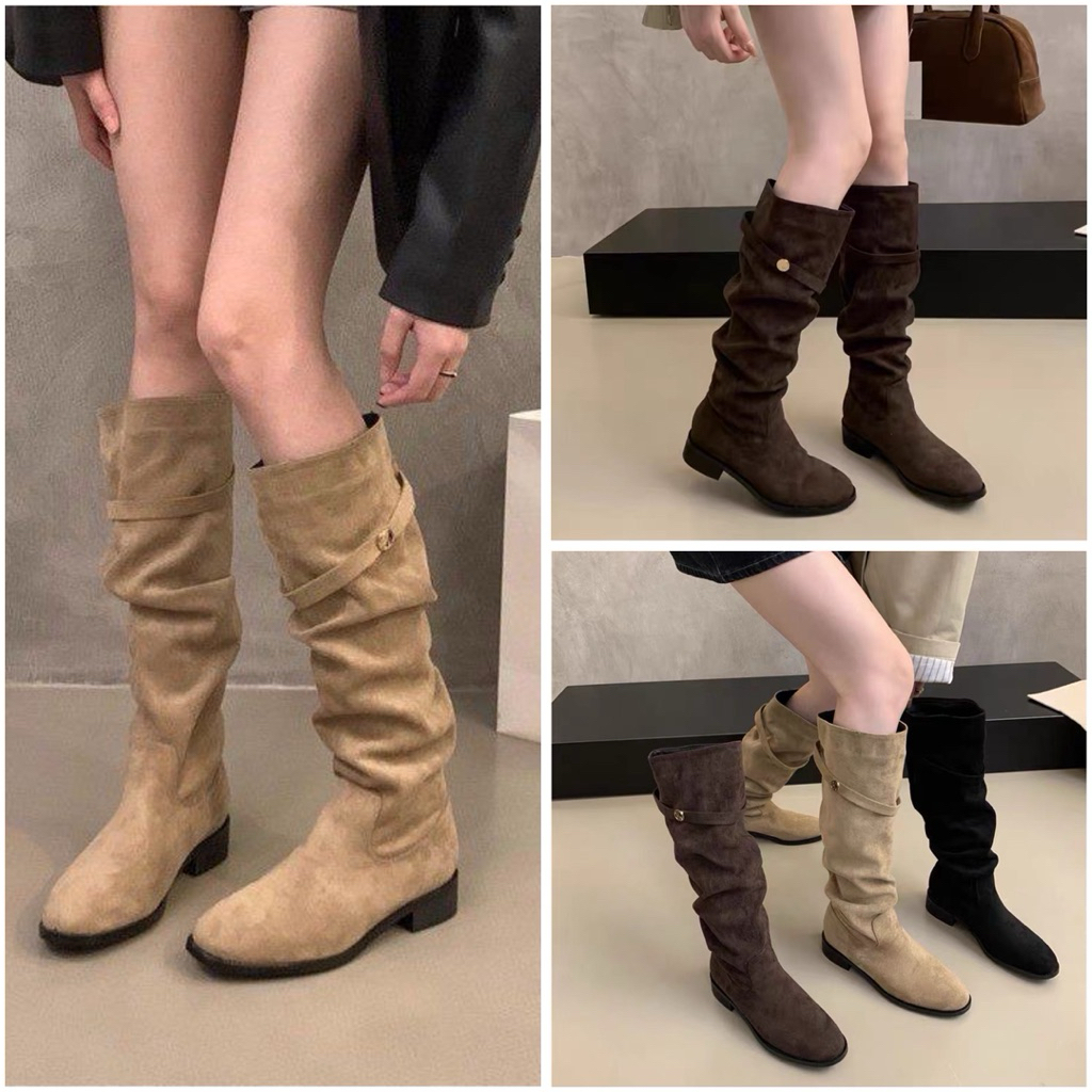 THE2001STORE | Bốt nữ da lộn cổ cao đế 5p mũi nhọn phong cách thời trang Hàn Quốc