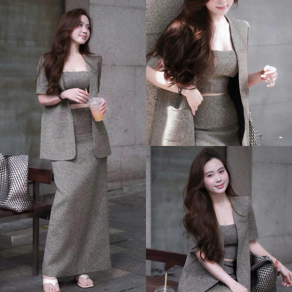 G82 Set dạ tiêu 3 món (áo khoác, chân váy, bra) hàng ép mùng dày dặn - Set đồ nữ sang chảnh